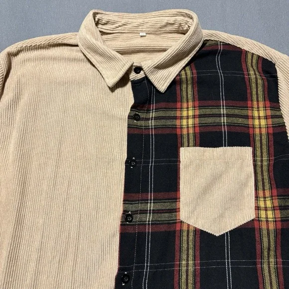 Mens Corduroy Shirt XXL Khaki Long Sleeve Button Up Flannel Plaid Shacket - Picture 8 of 14